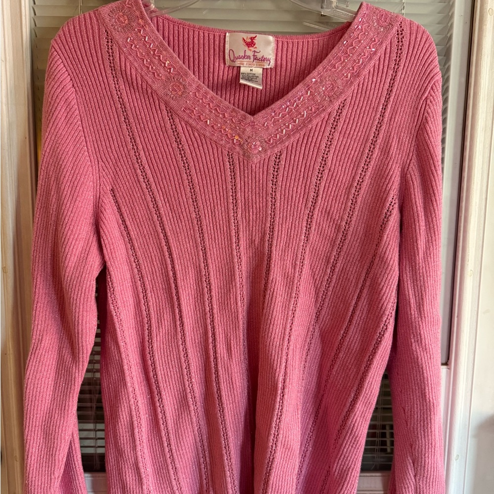 Quacker Factory Pink Embellished Sweater Beads Sequins Vneck